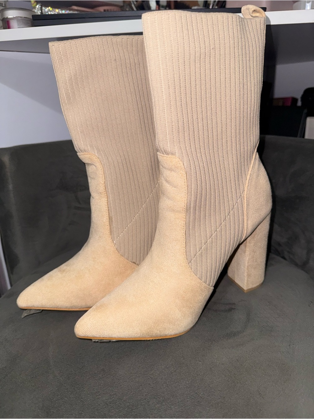 NWOT | Beige Women's Pointed-Toe Mid-Calf Heeled Boots